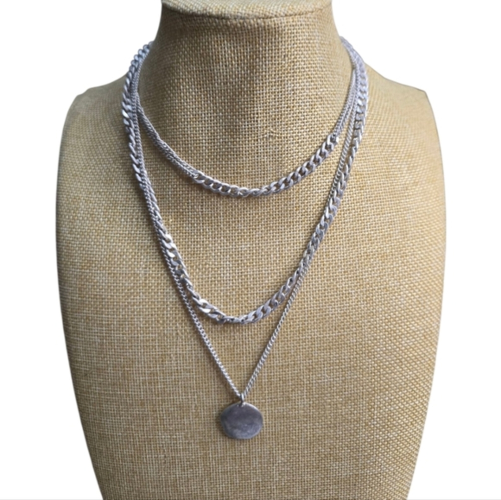 Pomina Silver Layered‎ Link Pendant Necklace New